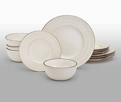 Tabletops Gallery Taylor 12 Piece Embossed Stoneware Dinnerware Set, Cream White (Service for 4) Hot on Sale